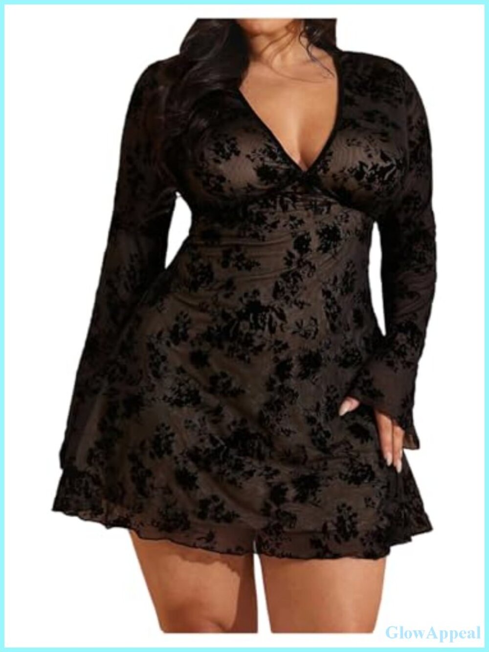 Plus Size A-Line Mini Dress with Bell Long Sleeves, V-Neck, Ruffle